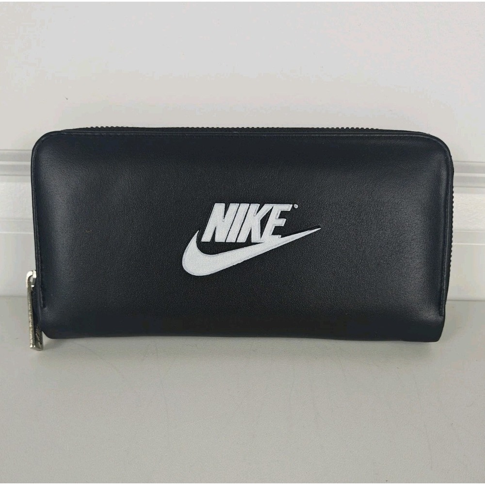 Nike Y2K Black Zip Around Wallet 8x4 Large White Swoosh Logo Faux Leather